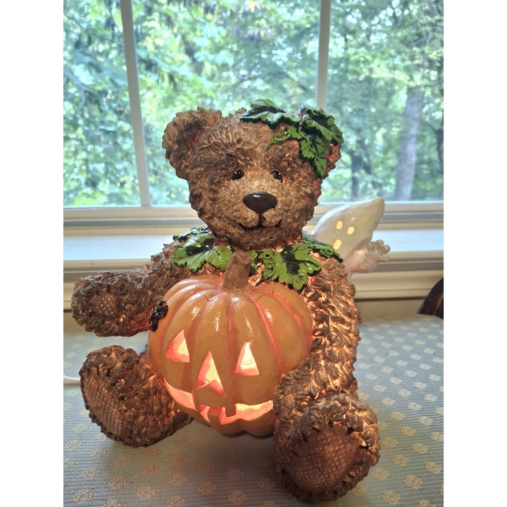 90s Vintage Ceramic Halloween Teddy Bear with Jack-O-Lantern Figurine Light 9"